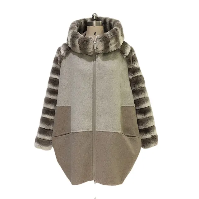 New design contrast color double wool coat with chinchilla color rex rabbit fur winter wool women plus size fur coat