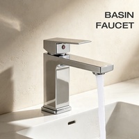 Robinet de lavabo moderne carré chromé à poignée unique avec cartouche céramique, à poser sur le comptoir, mitigeur chaud/froid