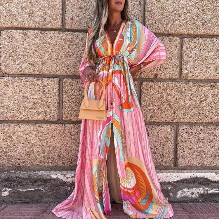 Women Bandage Elegant Floral Print Boho Long Maxi Dresses Tunic Long Sleeve Ladies Loose Beach Summer Casual Sun Dresses