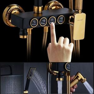 Sistema Doccia Termostatico Moderno Oro Nero Ottone con Getti <span class=keywords><strong>a</strong></span> Pioggia/Pausa, Miscelatore <span class=keywords><strong>a</strong></span> Quattro Funzioni Montato <span class=keywords><strong>a</strong></span> Parete per Bagni di Appartamenti e Ville - Product Image 3