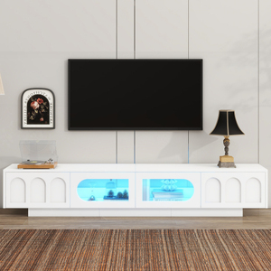 OE HOME Mid-Century Modern TV Stand Fluted Tempered Glass <b>Doors</b> Adjustable Storage APP-Controlled LED <b>Light</b> White for Living - Product Image 2