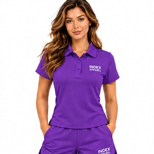 Index Apparel Women's Purple Polo Shirt Shorts Set Short Sleeve Regular Fit Breathable Casual <b>2</b> <b>Piece</b> <b>Outfit</b> - Product Image 1