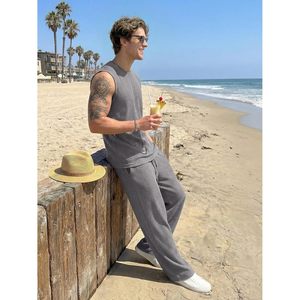 FOXA Men 2 Piece Set Sleeveless Tank Baggy Pants Knitted Stretch Breathable Casual Streetwear HipHop Outfit - Product Image 5