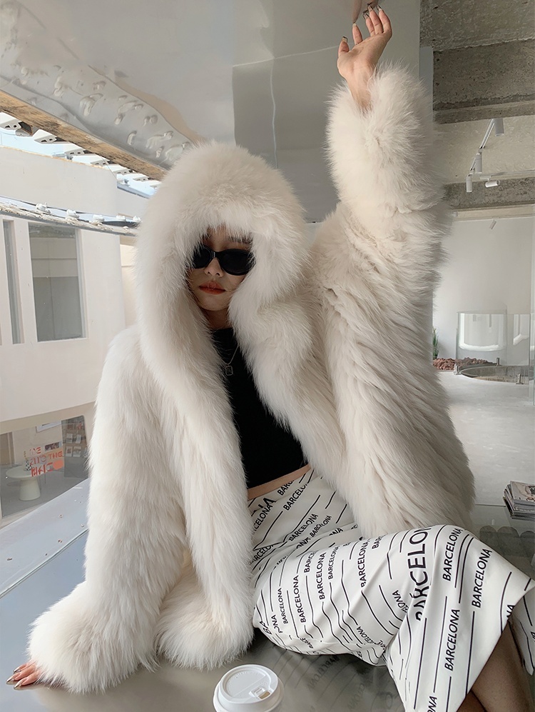 Plus Size White Bear Fox Fur Coat With Hooded Real Fluffy Fur