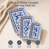 Ensemble d'assiettes rectangulaires en céramique bleu et blanc personnalisées avec motif floral citronné, plat de service en céramique, fournisseur en gros OEM ODM