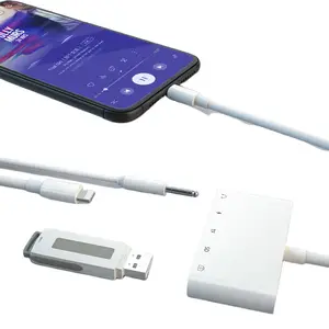 USB 3กล้องปรับให้เหมาะกับเครื่องอ่านบัตร OTG สำหรับ iPhone ไปยังสายเคเบิลหูฟังเสียง AUX พร้อมพอร์ตชาร์จสำหรับ iPhone