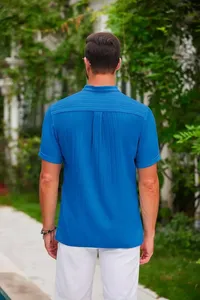 <span class=keywords><strong>Camicia</strong></span> Hawaiana da <span class=keywords><strong>Uomo</strong></span> in Cotone e <span class=keywords><strong>Lino</strong></span>, Stile Retrò con Colletto Henry, Casual e Sportiva, Colletto Rialzato, Lavorazione Jacquard a Righe, Tipo POLO - Product Image 2