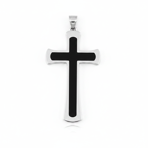 Ciondolo a croce in acciaio con intarsio nero per gioielli da uomo e da donna - Product Image 2