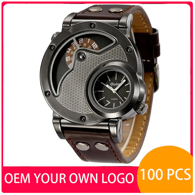 Custom Your Own Logo Oulm 9591 Unique Men Quartz Watch Relojes Original Pu Leather Band Auto Date Vintage Sports Wristwatch