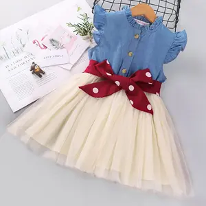 2021 유아 드레스 여름 소녀 드레스 아이들을위한 의상 민소매 프릴 도트 인쇄 데님 스플 라이스 Tulle 드레스