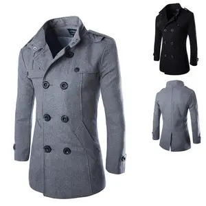 XQM Stand Turn-down Collar Solid Color Coat Double-Breasted Casual Coat Medium Length Woolen Overcoat