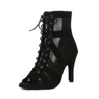 LUOQIAO C002 Chaussures de danse latine en daim noir respirantes et ajourées, bottines de jazz sexy à talon haut, montantes, à lacets et fermeture éclair