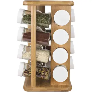 Bamboo Wood Revolving Spice Rack Holder for Kitchen