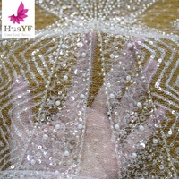 Nouvelle Dentelle Luxueuse Blanche Mariage à Perles Avec Tulle Brillant Paillettes et Perles Tissu pour Robe Style Européen HY1734-3