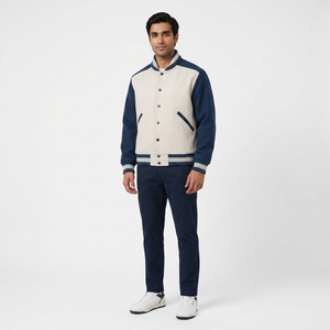 <b>Men's</b> Wool Varsity <b>Jacket</b> Letterman Style Winter Windproof Breathable Printed Quilted Lining Stand Collar Front College <b>Baseball</b> - Product Image 1