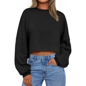 <b>Cropped</b> Sweatshirt Women Oversized Crewneck <b>Long</b> <b>Sleeve</b> Knitted Drop Shoulder Short Length Fall Winter <b>Top</b> - Product Image 1
