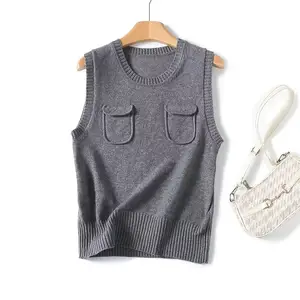 TAOP&ZA 2024 new casual and lazy design blended knitted inner vest autumn and winter round neck gray women's chic top