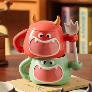 Taza de Cerámica con Diseño de <span class=keywords><strong>Diablillo</strong></span> Pintado a Mano, Linda Taza de Café Creativa con Tapa y Cuchara, Taza para Beber en el Desayuno en Casa - Product Image 2