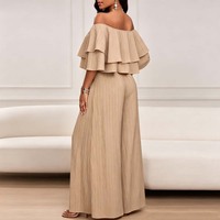 Ensemble 2 pièces pour femme : Haut court à volants épaules dénudées et pantalon taille haute à jambes larges en tissu texturé, ample et décontracté, idéal pour l'été et la plage