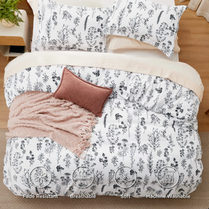 Ensemble de couette 3 pièces en polyester 100% avec imprimé de plantes sauvages en <span class=keywords><strong>dessin</strong></span> au trait noir - Product Image 4