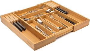 Expandable Utensil Holder and Cutlery Tray Bamboo Cutlery Tray Kitchen Drawer Organizer with Divider and <b>Removable</b> Knife Block - Product Image 5