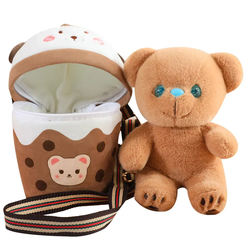 New 2 in 1 Milk Tea Cup Plush Shoulder Backpack Packed Boba Plush Bear Cuddly Boba Plush Rabbit Stuffed Animals Plush Bag