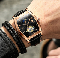 Montre automatique tourbillon personnalisée en gros, forme tonneau, phase de lune, saphir, bracelet en cuir, pour hommes, directement de l'usine