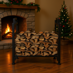 Support à bois en fer forgé noir autoportant avec motif de Noël pour foyer et poêle - Product Image 2