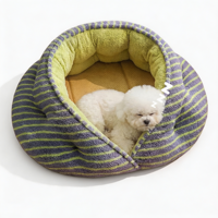 Nid semi-fermé pour chiens et chats, en peluche gaufrée respirante, avec tapis rafraîchissant en rotin tressé, coussin donut pour animaux de compagnie, rebord surélevé