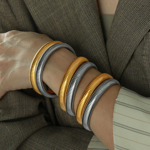 European American Retro Striped Elastic <b>Bangle</b> 10mm Titanium Steel Dragon Scale <b>Bracelet</b> For Women - Product Image 3