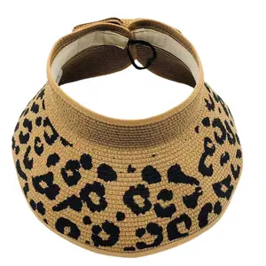New Style Summer Stylish Female Leopard Print Sun Block Rock Cap Adjustable Bow Show Face Small Empty Top Cap Folding Straw Hat