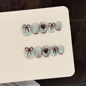 10 Uñas Postizas Hechas a Mano, Color Azul Claro-Marrón con Lazo, Dulces y Vibrantes, Estilo Fantasía, Perfectas para Regalar a Chicas y Amigas - Product Image 6