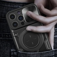 Coque pour iPhone 17 16 15 14 13 12 11 Pro Max XR XS Plus avec protection magnétique coulissante pour appareil photo, support rotatif à 360° et anneau de protection blindé
