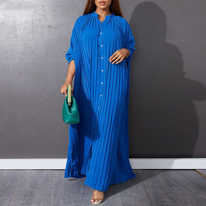 Y7017 Hot-Bán Dài Dresses Phụ Nữ Giản Dị Duy Nhất Ngực Dài Tay Áo Đứng Cổ Áo Pleated Maxi Dress Phụ Nữ Cộng Với Kích Thước Dresses - Product Image 4