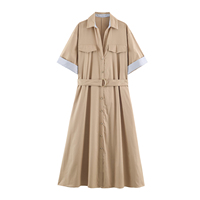 Robes longues décontractées d'été pour femmes, couleur kaki, col rabattu, boutonnées, avec ceinture, manches courtes, style tendance