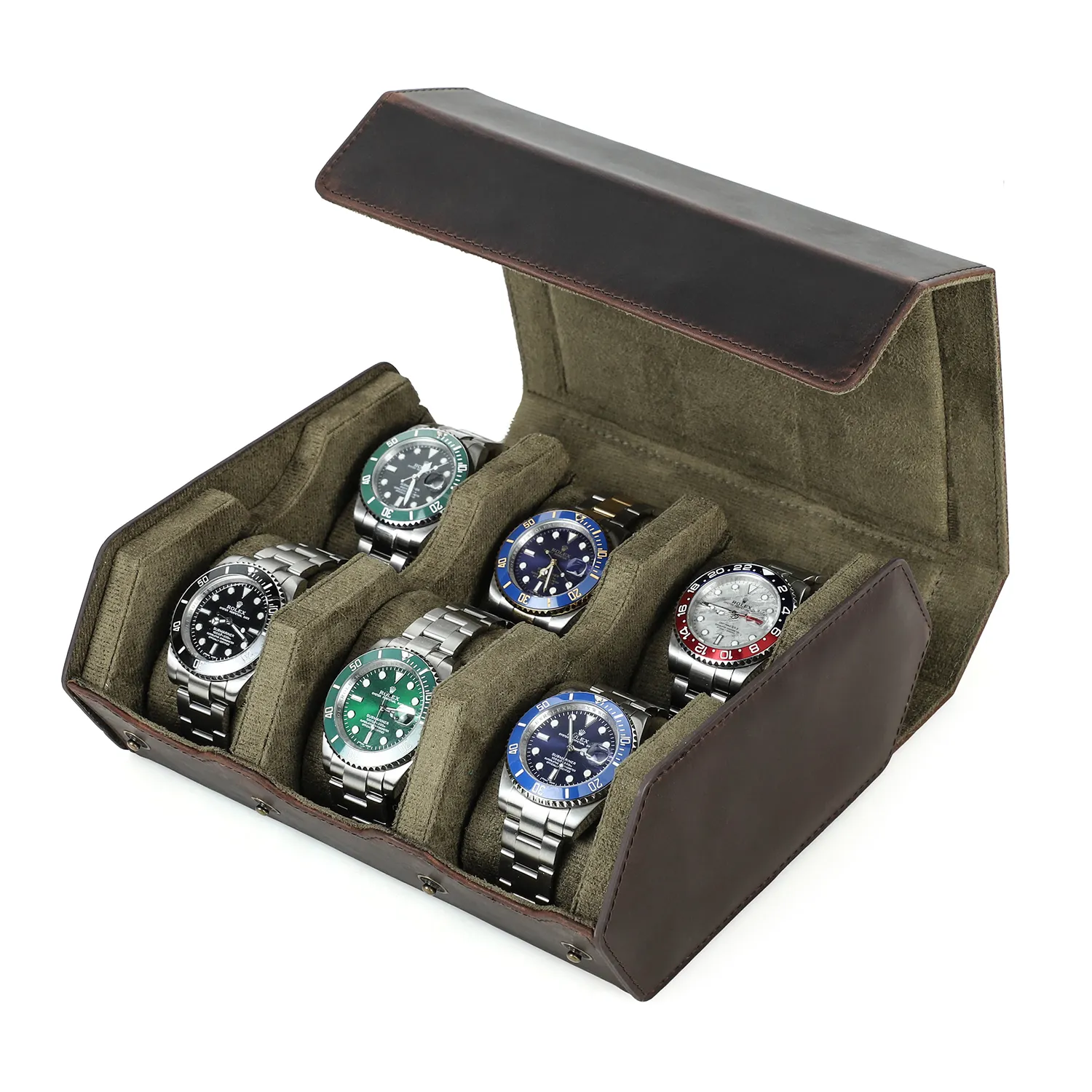 Individueller 6 Slot Leder Sechseck-Uhrenschutzhülle Box Uhren-Vorführtisch Leder Aufbewahrung Organisator Uhr Reisetui