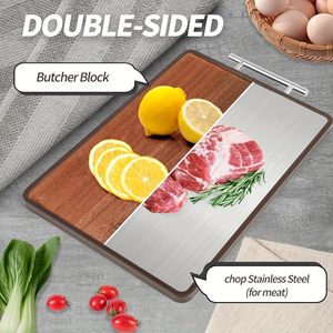 Planche à découper personnalisée double face en bois d'acacia et acier inoxydable pour la viande et les légumes, planche à charcuterie de cuisine - Product Image 6