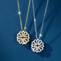 Collier Cœur Magnétique Trèfle à Quatre Feuilles en Gros, Pendentif en Cuivre Entièrement Sertie de Zircons, Plaqué Or, Bijoux de Luxe Inoxydables