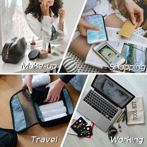 Bolsa de cosméticos de lujo de cuero PU para mujer, bolsa de viaje de maquillaje marrón grande con cremallera portátil, patrón de letras de estilo de moda - Product Image 5