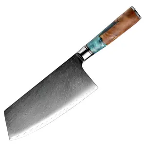 Xyj couteau de Chef chinois, lame en acier damas 7.5 pouces avec manche en résine, couteau de boucher pour la viande à légumes boîte cadeau incluse