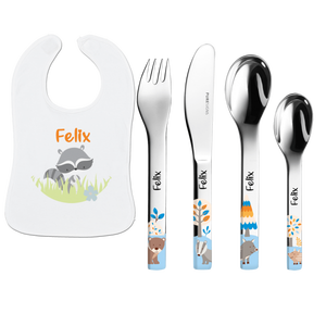 Posate per bambini Puresigns Friends con incisione (4 pezzi) + bavaglino con nome Tasso - Product Image 1