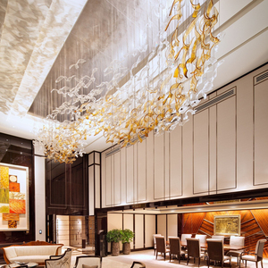 Custom Handmade Large Glass Amber Clear Transparent Golden <strong>Leaves</strong> Chandelier Pendant <strong>Light</strong> for Hotel Lobby and Restaurant Decor - Product Image 2