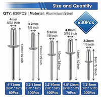 Kit d'assortiment de rivets à pression en aluminium/acier, 630 pièces, 1/8 ", 5/32 ", 3/16" |   Rivets aveugles à tête dôme en 5 tailles. Tête en aluminium avec acier