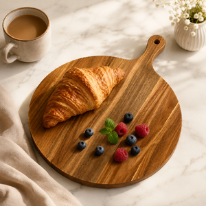 Tabla de cortar de madera de acacia premium con mango, tabla de madera para servir pizza, pan y <span class=keywords><strong>queso</strong></span> - Product Image 2