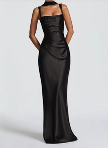 Robe longue élégante en satin pour femme, col ras du cou, sans manches, ajustée, ourlet droit, pour occasions formelles, avec superposition transparente - Product Image 3
