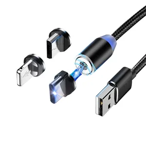 Kabel Adaptor Led Data USB 3 In 1, Konektor Usb Mikro Kepang Nilon, Usb-C, Kabel Pengisian Magnetik