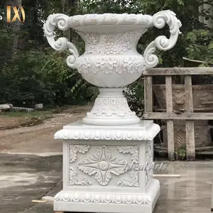 Tay ngoài trời khắc tinh tế Granite vườn đá cẩm thạch hoa bình với cơ sở