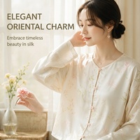 Haut à col rond en soie véritable de style chinois pour femmes, manteau jacquard à manches longues pour le printemps, chemisier en soie vintage oriental élégant