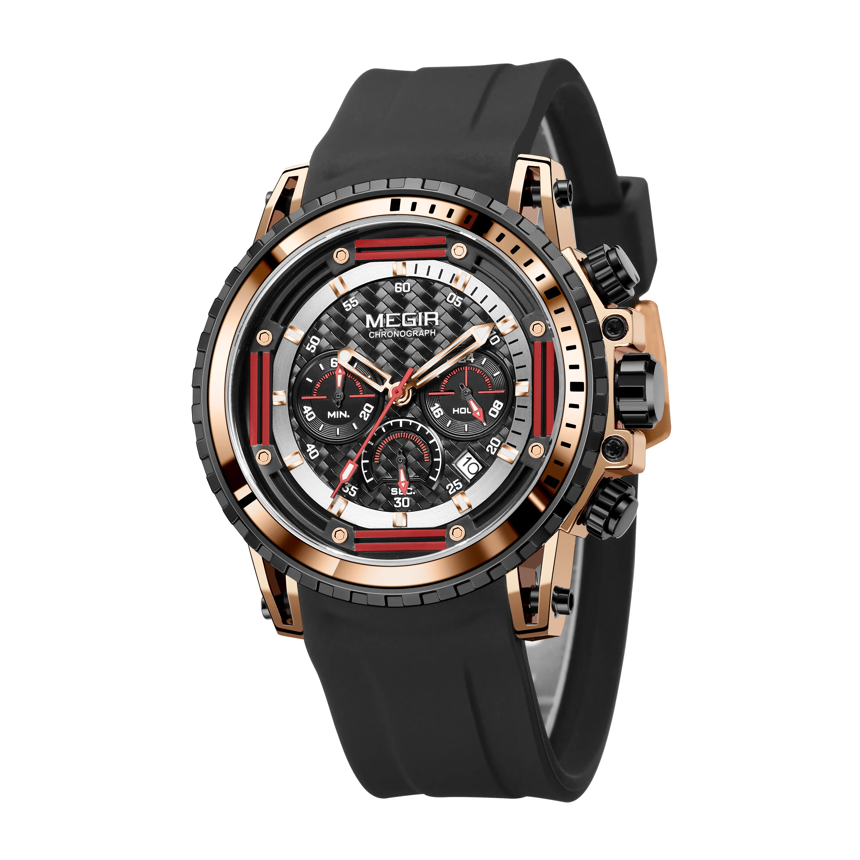2021 गर्म बिक्री MEGIR ब्रांडेड घड़ी के लिए पुरुष जाम tangan पीआरसी में किए गए wristwatches सिलिकॉन का पट्टा बिग चेहरा गुलाब गोल्ड आदमी के लिए देखता है