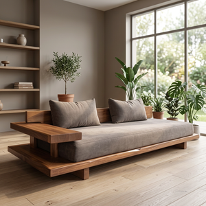 Luxurious Minimalist Platform <b>Sofa</b> Set Featuring Integrated Solid Teak Side Table - Product Image 2